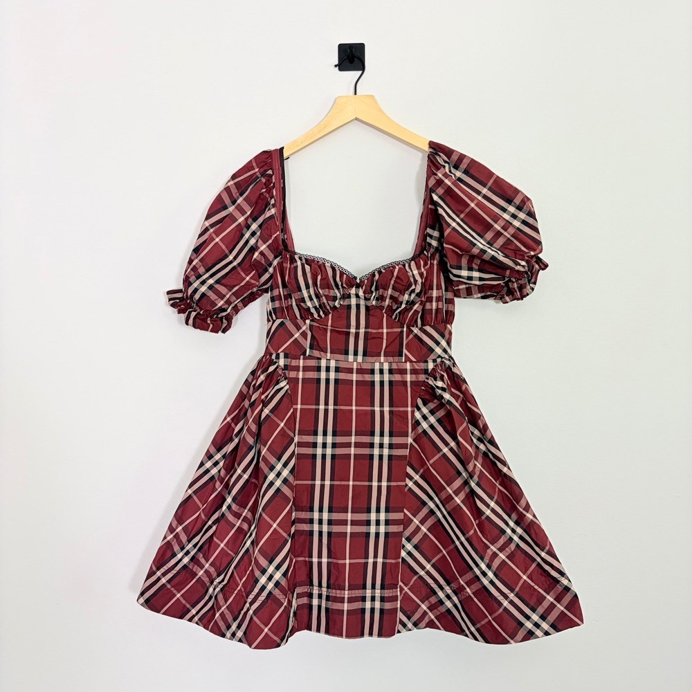 Anthropologie Maeve Red Tartan Plaid Puff Sleeve Mini Dress S OB2080843 - Picture 3 of 10